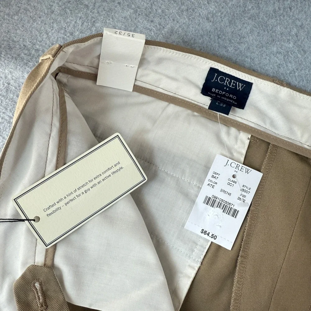 J.Crew Flex Bedford Pants Slim Fit Khaki Tan Chino Trousers Mens Size‎ 35x32 NWT